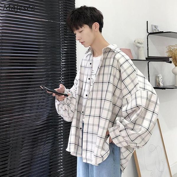 

men casual shirts plaid single breasted long sleeve plus size 3xl loose korean chic fashion oversize all-match thin outwear bf, White;black