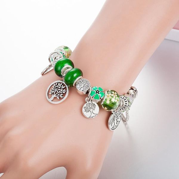 

19tree of life pendant green charms bracelets sets original box for pandora 925 silver plated snake chain diy beads charm bracelet for women, Golden;silver