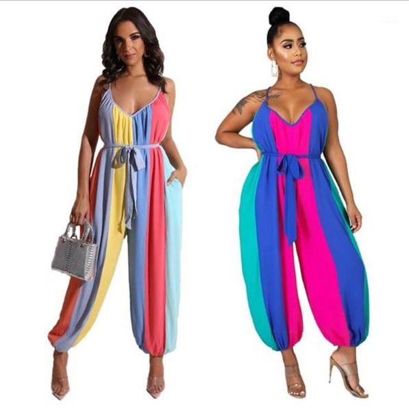 

20ss new casaual women clothing women v neck summer jumpsuits fashion striped loose sleeveless lantern rompers, Black;white