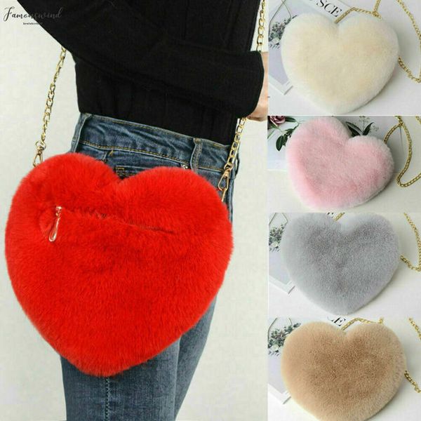 

2020 fashion women heart shaped bag plush love shoulder hairy bag valentine day gifts plush love bag
