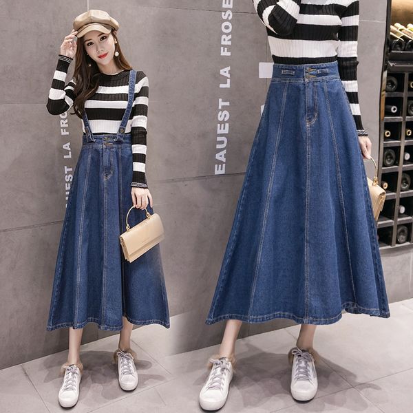 

2019 autumn new detachable strap denim skirtshoulder strap denim skirt mid-length large swing umbrella skirt fresh and fashionable, Black
