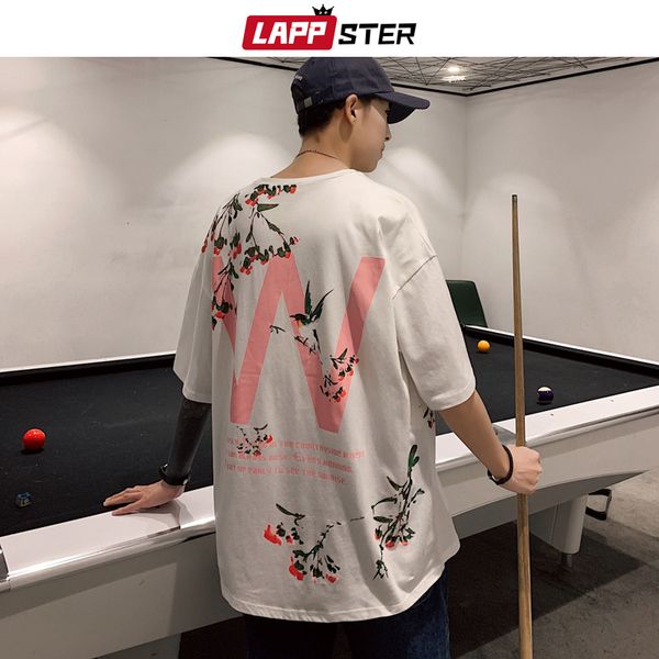 

lappster men cherry blossoms print tees 2020 summer tshirts mens harajuku t shirts male oversized blakc korean clothes 5xl, White;black
