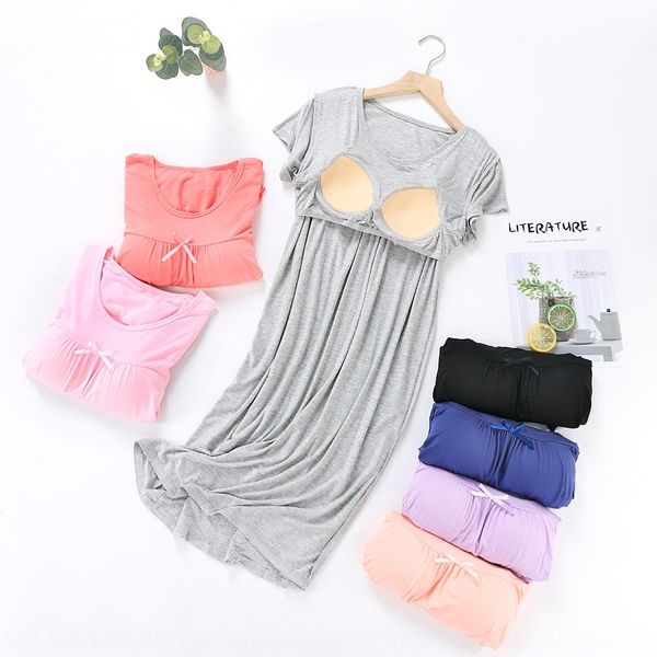 

aaiff modal nightgown with chest pad women's summer short sleeve thin home wear loose large size korean style mid skirt solid color paj, Blue;red