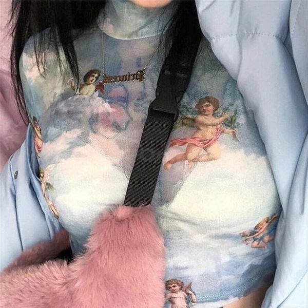 

new fashion women see through sheer mesh fishnet shirt cute angel female wear autumn womens ladies mesh, White