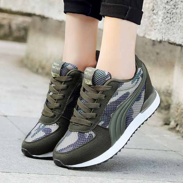 

damyuan army green camouflage mesh shoes women increased wedge heel mesh shoes casual wild breathable sports single, Black