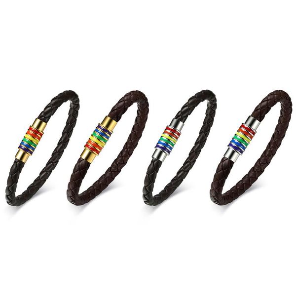 

boniskiss gay pride rainbow magnetic bracelet black brown genuine braided leather bracelet women men stainless steel lover gift, Golden;silver