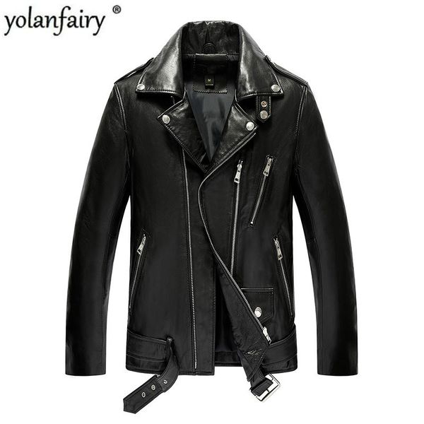 

men's leather & faux yolanfairy genuine jacket men real sheepskin bomber jackets spring autumn motocycle plus size coat 19-811 mf620, Black