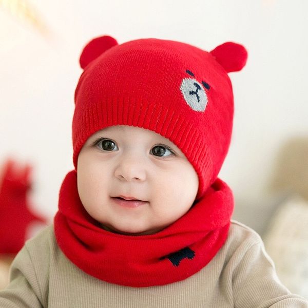 

warm pullover baby + scarf bear boys' and girls' woolen hat season warm ear protection baby knitted pullover hat, Blue;gray