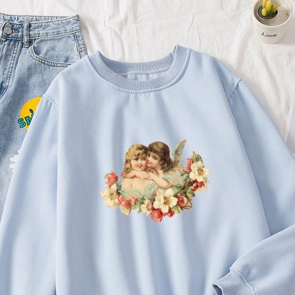 

повседневный harajuku графический женский crewneck толстовка толстовка осень хлопок пуловер негабаритные женщины ангел печать женщины hoody, Black