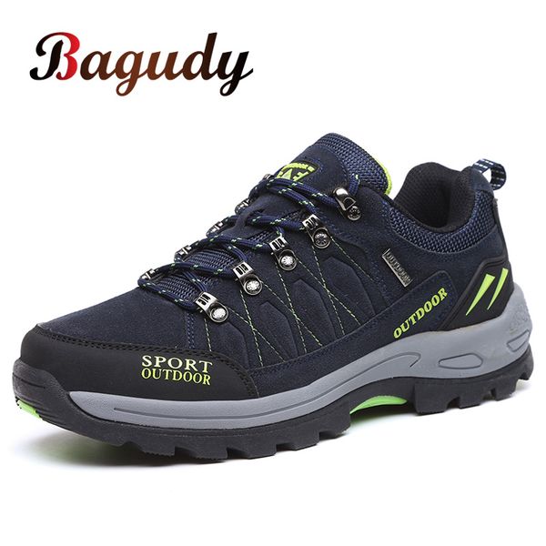 

brand all season waterproof men leather sneakers outdoor man hiking boots work shoes slip casual shoes plus size 47, Black
