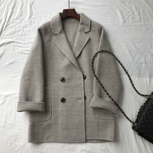 

welfare pure australian double-sided wool plaid elegant wool coat coat ju2302, Black