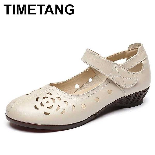 

timetang genuine leather ladies flat summer shoes woman without lace casual moccasins hollow out round toe soft comfort women, Black