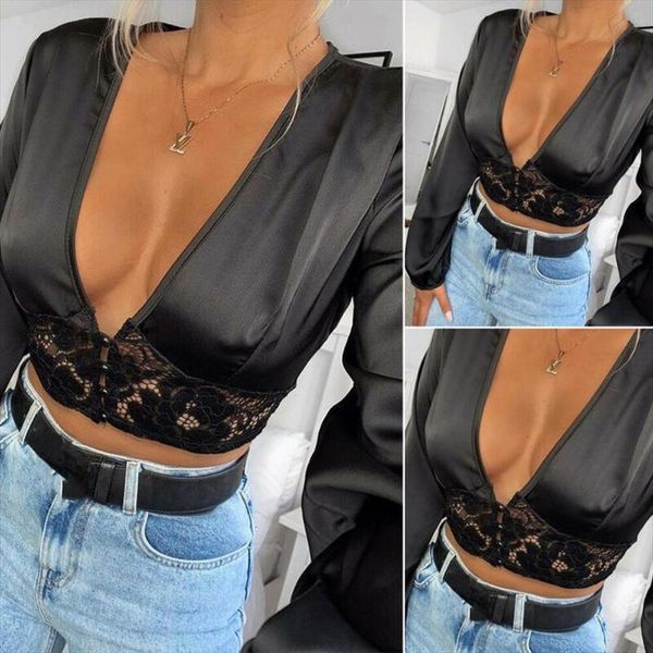 

hollowed out short lace pitchwork deep v neck crop women autumn long sleeve t shirts button shirts party tee, White