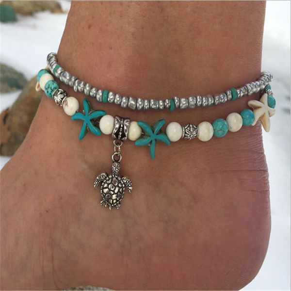 

new bohemian shell beads starfish anklets for women multi layer anklet leg bracelet sandals anklet jewelry gift vintage ld, Red;blue