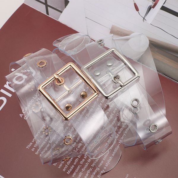 

2020 new women's harajuku wide pvc transparent clear belt correa women's gold silver pin buckle grommet belts for women jeans, Black;brown