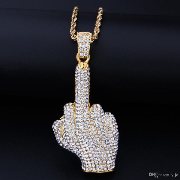 

мужская малая полный дрель вертикальная средний палец подвеска сплава полный алмазные blingbling trend rap hip hop ожерелье, Silver