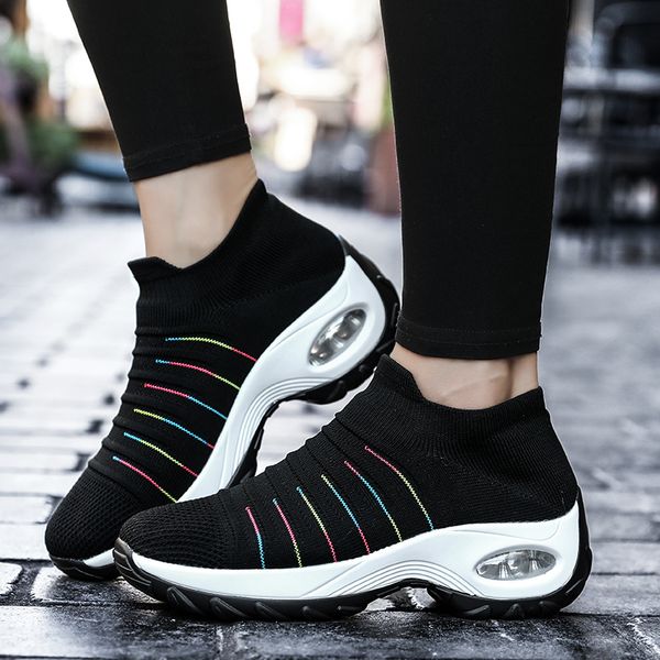 

2020 women sneakers shoes flat slip on platform sneakers for women ladies vulcanized shoes female tenis casual sock trainers, Black