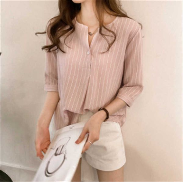 

summer new korean fashion large size round neck striped shirt female seven-sleeved loose casual shirt, White
