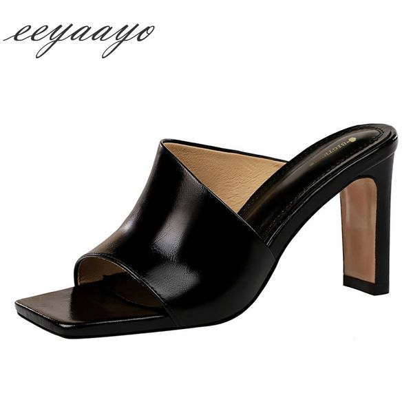 

2020 new summer women mules slippers high square heel solid fashion ladies women shoes black outside female slippers