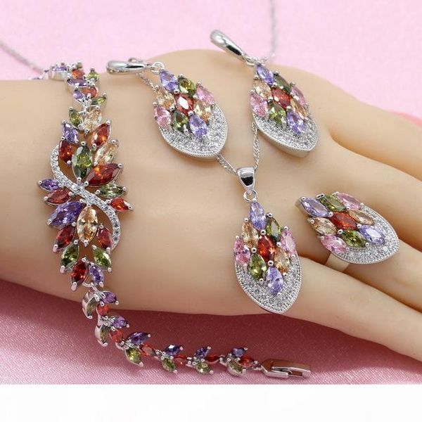 

jewelry sets exquisite multicolor cubic zirconia silver color jewelry sets for women earrings necklace pendant ring bracelet gift boxs