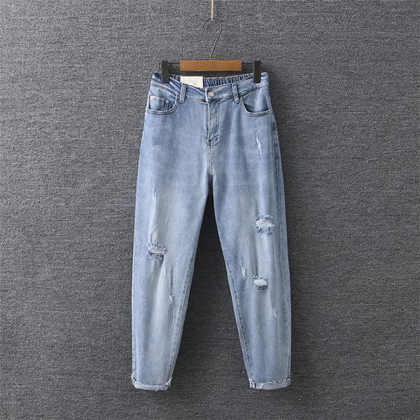 

plus plus size spring new korean style half elastic waist hole harem pants fat and jeans mm slim jeans 5541, Blue