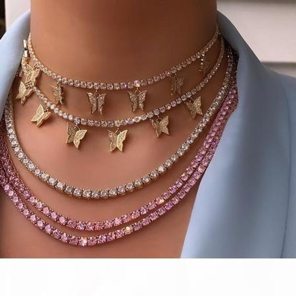 

iced out bling hip hop women jewelry heart arrow cz tennis chain with cz butterfly charm 32+10cm choker necklaces, Silver