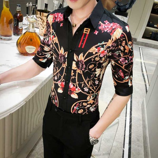 

gzdeerax летние рубашки мужчины высокого качества цветка печатных половина рукава мужские рубашки платья мода slim fit повседневный party му, White;black