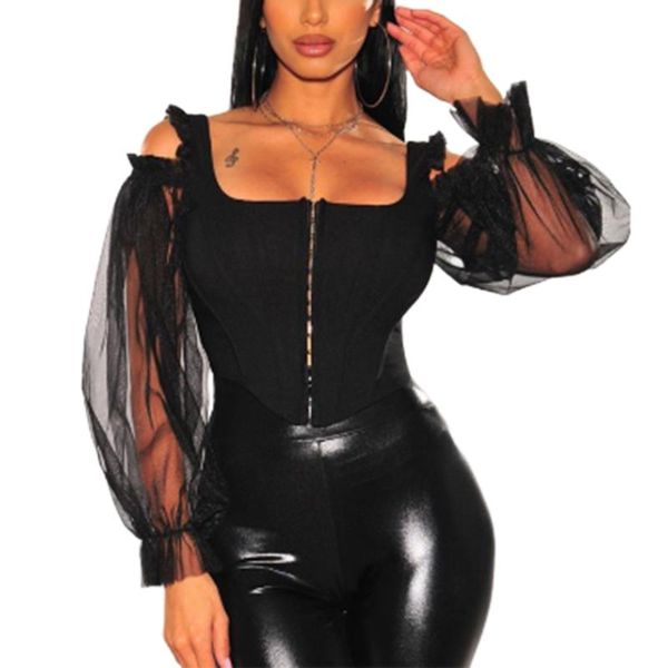 

women's t-shirt casual solid mesh stitching puffy sleeve off shoulder, White