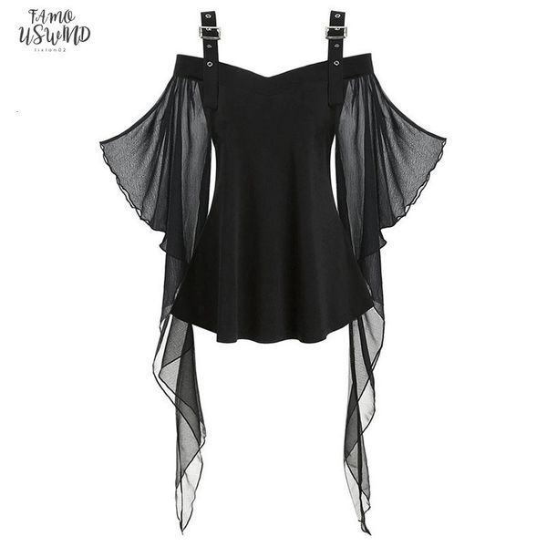 

butterfly sleeve women halloween punk hip hop clothes gothic criss cross lace insert butterfly sleeve t shirt e20, White
