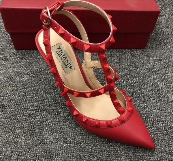 

real p fashion women pumps lady red nude patent point toe studded spikes slingback strappy shoes pumps stiletto heels party shoes, Black