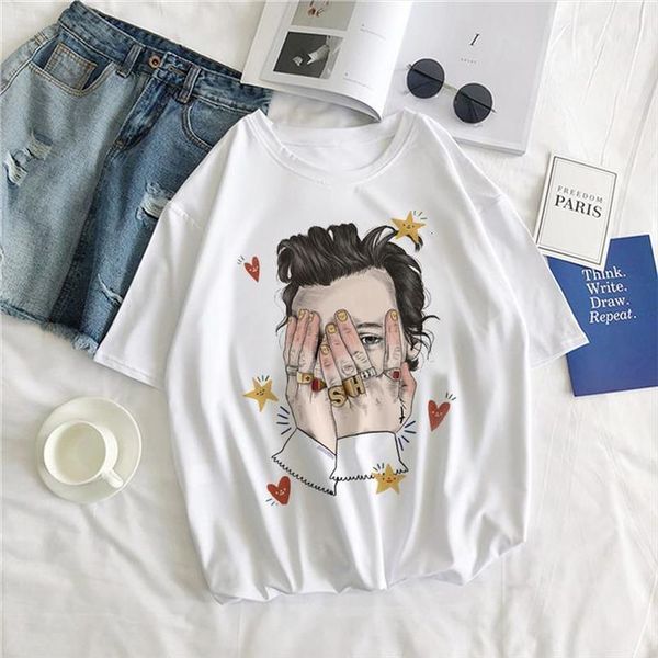 

2020 harajuku fine line ript shirt geek hip hop tshirts funny aesthetic casual harry styles cartoon graphic amp;tee, White