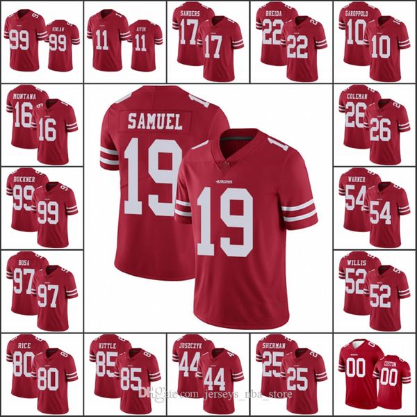 

san francisco 49ers men #97 nick bosa 85 george kittle 44 kyle juszczyk women youth nfl scarlet vapor custom limited jersey, Black;red