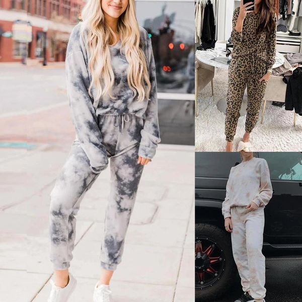 

new women print tracksuit two-piece set long sleeve round neck elastic waist long pants women sportswear, White;black