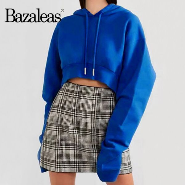 

bazaleas blue crop ropa mujer punk long sleeve cropped women hoodies with hat fashion sweatshirt, Black