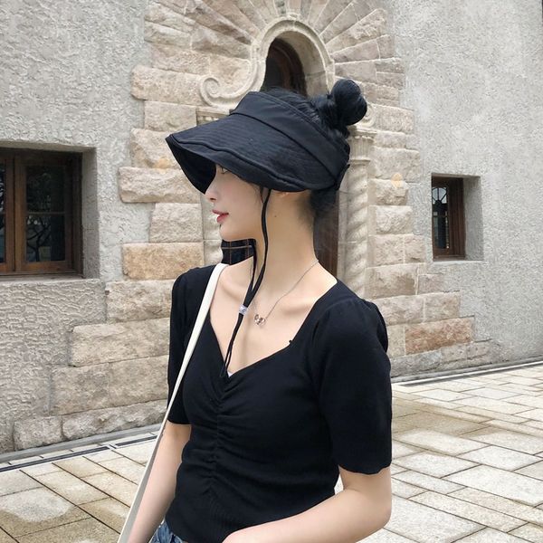 

female summer empty sun sun hat can be tied ponytail wide edge empty hat foldable, Blue;gray