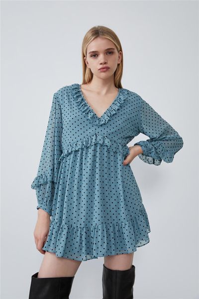 

сладкий повседневные женщины v-образный вырез ruffles платье 2020 новый дизайнер моды весна мода dot фонарь рукав мини-платье, Black;gray