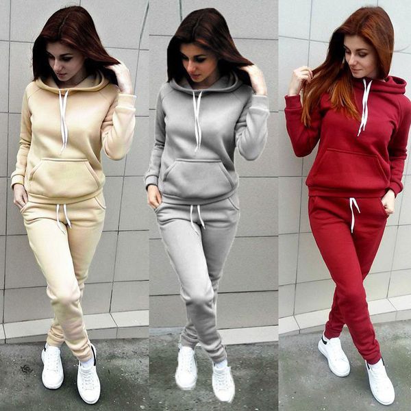 

gym clothing 2pcs set casual women tracksuit hoodies long sleeve pull-rope cotton warm sweatshirt +long pants sets sport wear suit, White;black