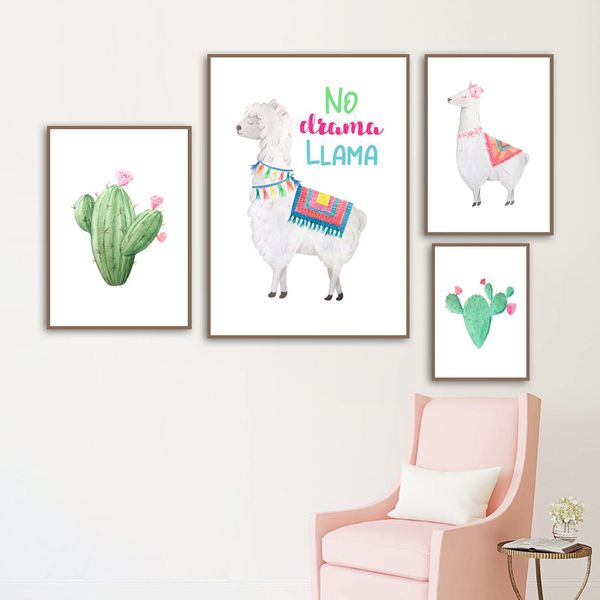 

симпатичный мультфильм альпака cactus wall art холст картина скандинавские плакаты и печать стена фотографии для детская комната детская дек
