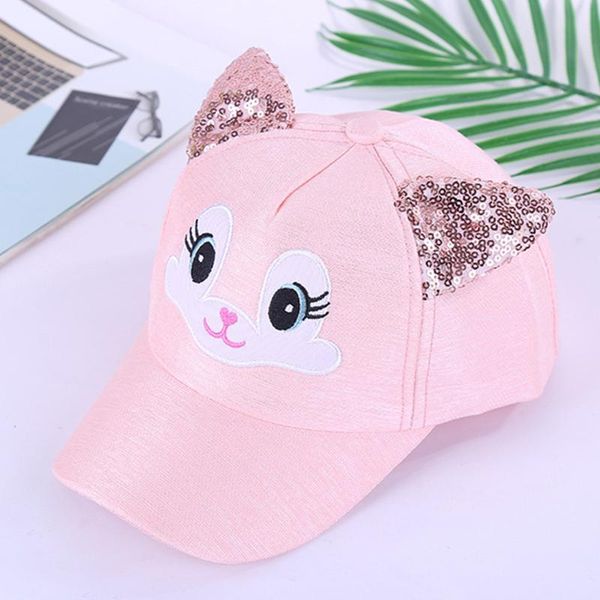 

girls cute adjustable embroidery soft summer children sun hat sequin baseball caps skin friendly cat ears outdoor breathable, Yellow