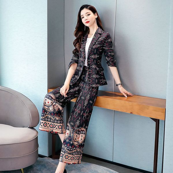 

women's suit women's waist slimming printed suit ladies business work professional two-piece (jacket + pants, White