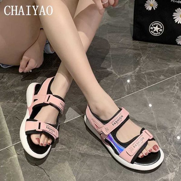 

large size women's sandals new beach mixed colors open toe casual femmes sandals fashion soft hook & loop flatform women's shoes, Black