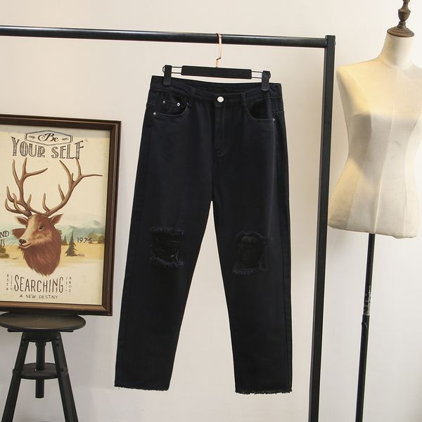 

7icu9 200kg korean loose 200 long kg mm fat mm autumn new korean style slimming hole denim straight pants ankle-length pants plus size women, Blue