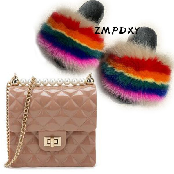 

kid real fur slippers children crossbody purse girl' money shoulder bag shoes sets fluffy rainbow slides baby furry sandals, Black;grey