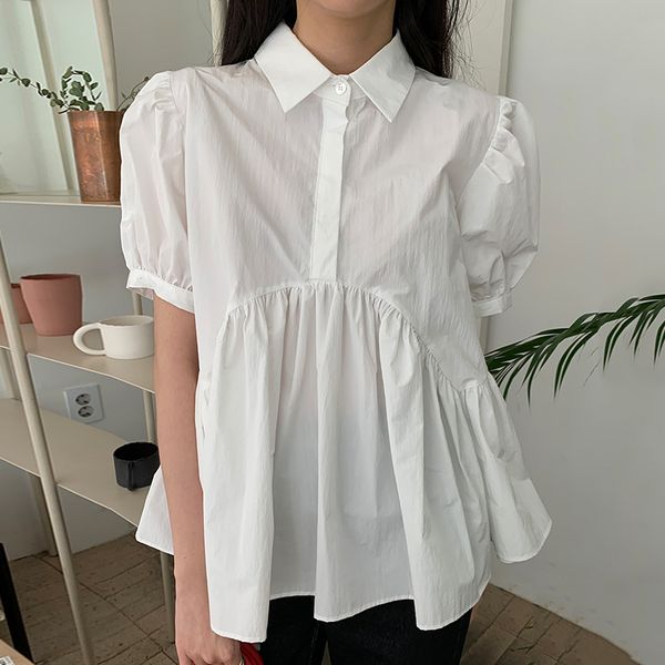 

ewq] 2020 new korean fashion solid puff sleeve blouse women pleated hem design summer tide clothing simple white laides blouse