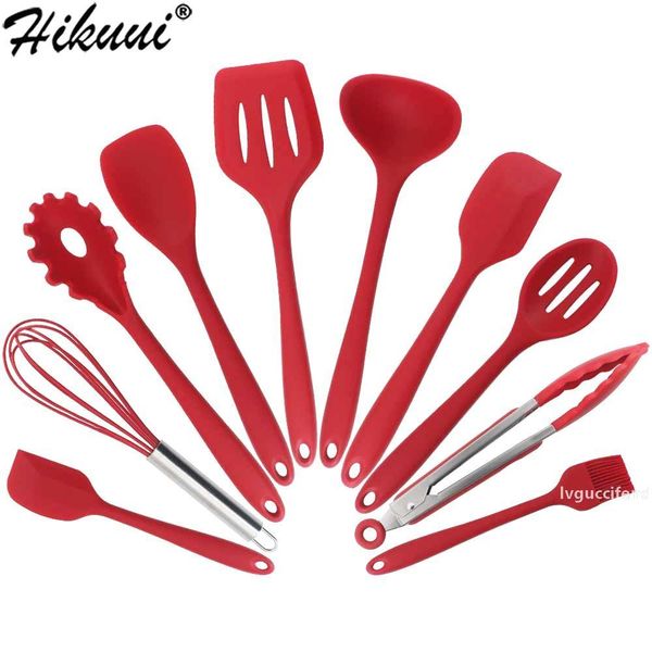 

red cooking utensils 5 or 6 or 10 pcs heat-resistant silicone kitchen cooking tools baking cookware gadgets spatula spoon set t200323