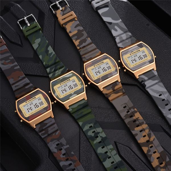 

small gold light square student luminous electron luminescence camouflage electronic watch luminous waterproof alarmtraining watch, Blue