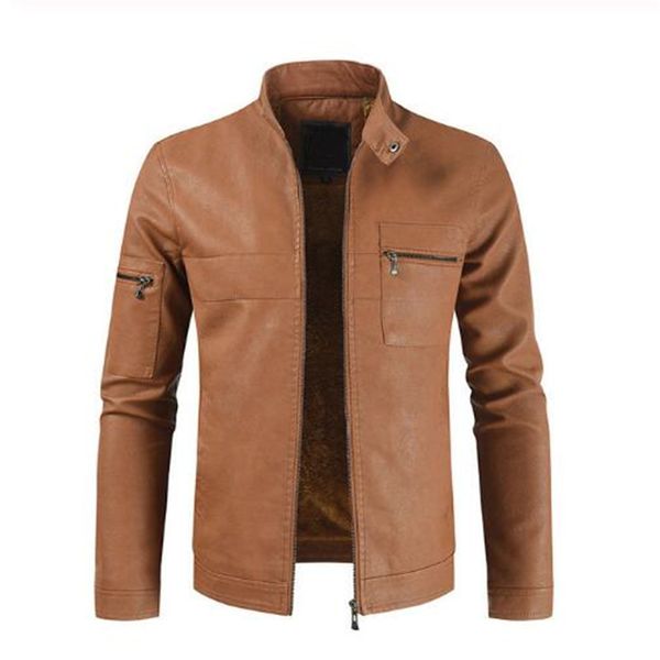 

men's fur & faux mens fashion retro leather jacket 2021 winter casual stand collar warm motorcycle pu coat male, Black
