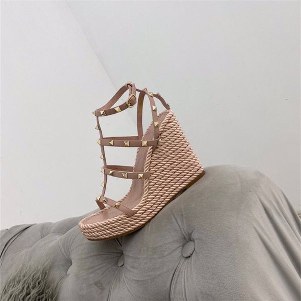 

classic sandals lady summer 2020 designer fashion famous sandals large size rivets high-heeled women's shoes with box, Black