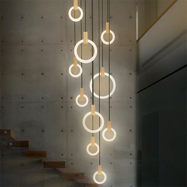 

Contemporary Wood LED Chandelier Lighting Acrylic Rings Led Droplighs Stair Lighting 3/5/6/7/10 Rings Indoor Lighting Fixture