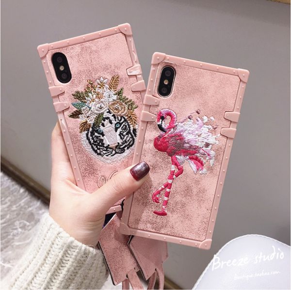 

luxury designer embroidery flamingo phone cases for iphone11 pro max xsmax x xr soft shell anti-fall lanyard back cover for 7 8plus
